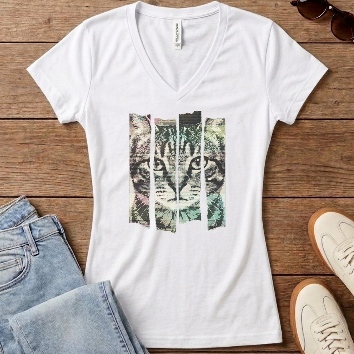 Torn Strip Tabby Women's V-Neck - Solid White Blend
