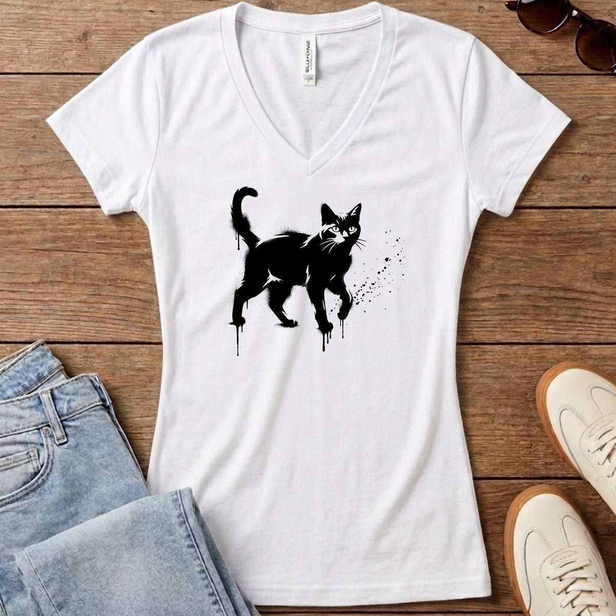 Street Stencil Cat Women's V-Neck - Solid White Blend