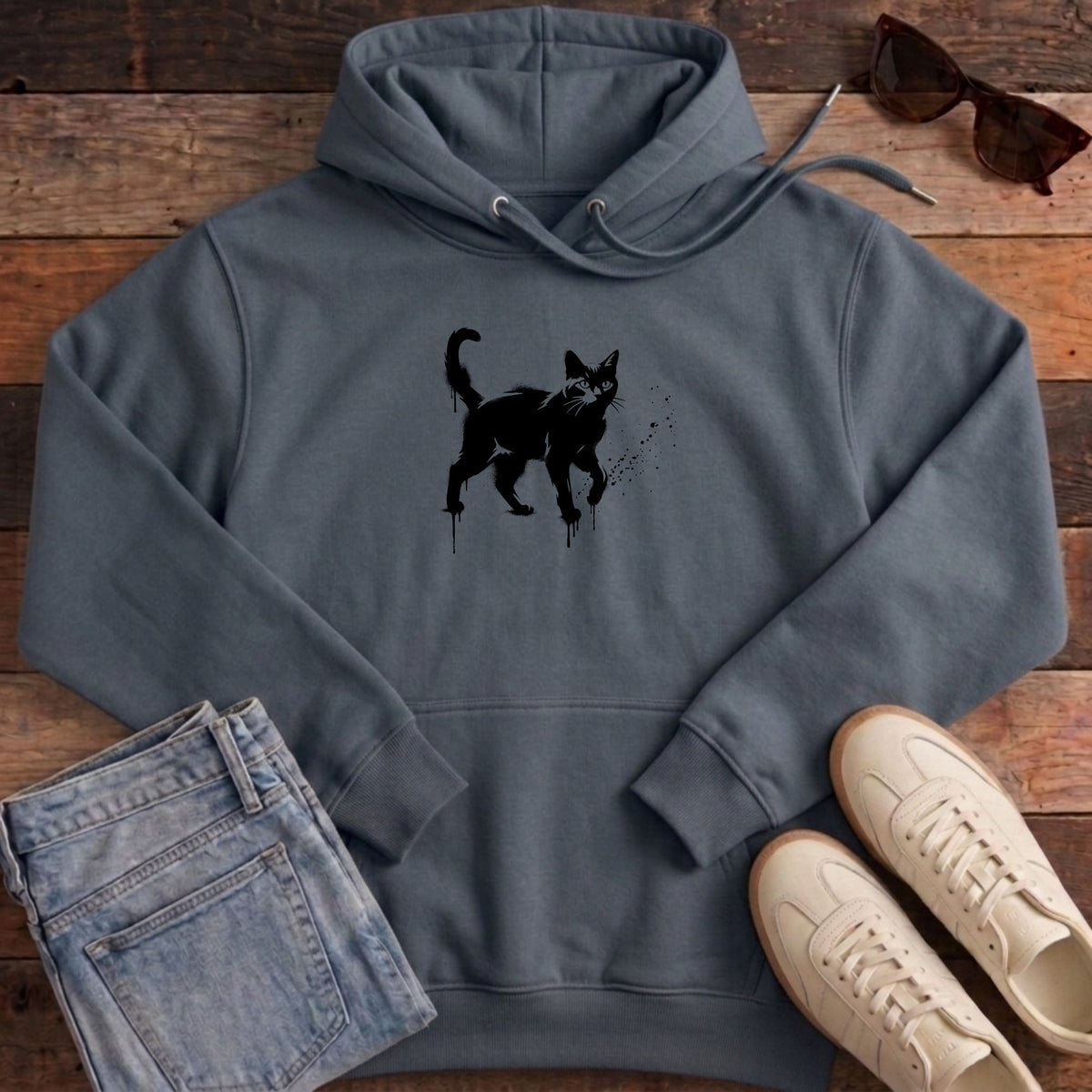 Street Stencil Cat Hoodie - India Ink Grey