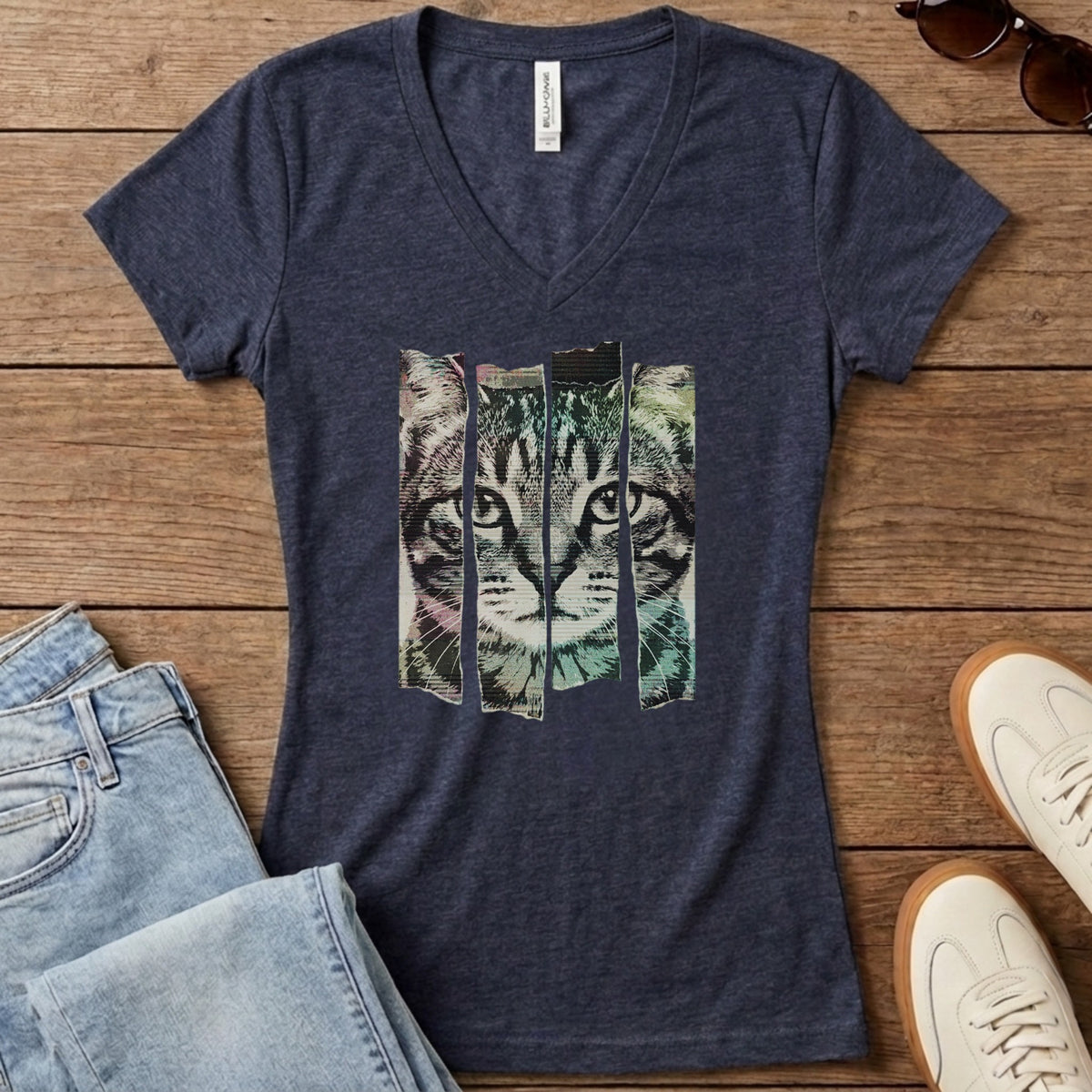 Torn Strip Tabby Women's V-Neck - Heather Navy