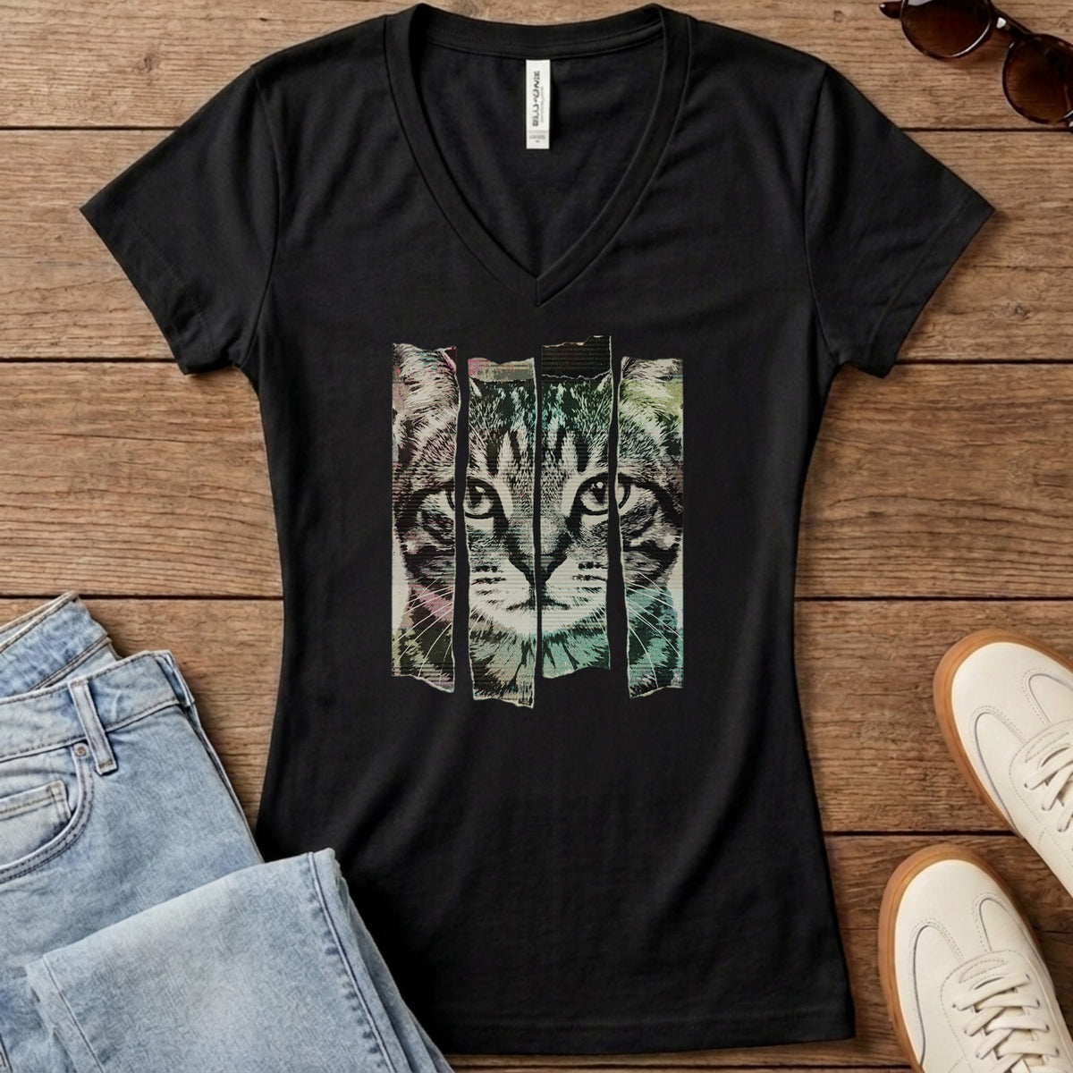 Torn Strip Tabby Women's V-Neck - Solid Black Blend