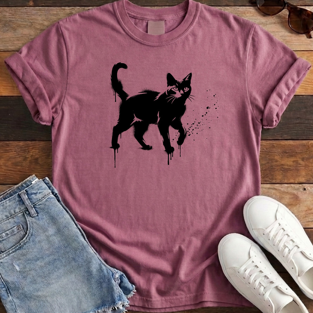 Street Stencil Cat Tee - Berry