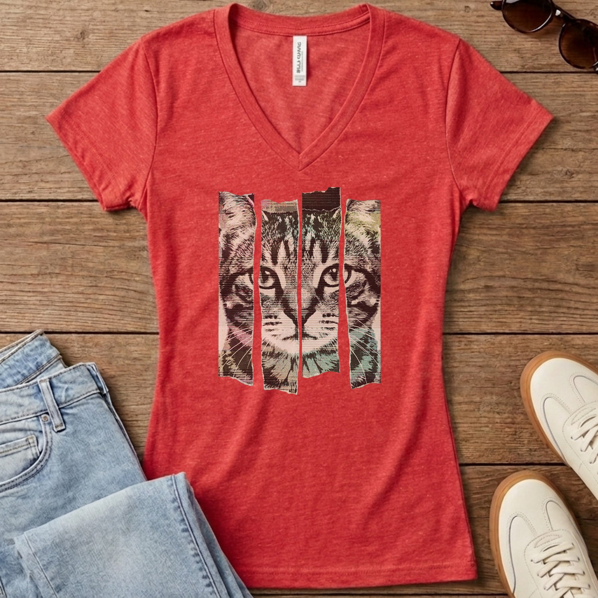 Torn Strip Tabby Women's V-Neck - Heather Red