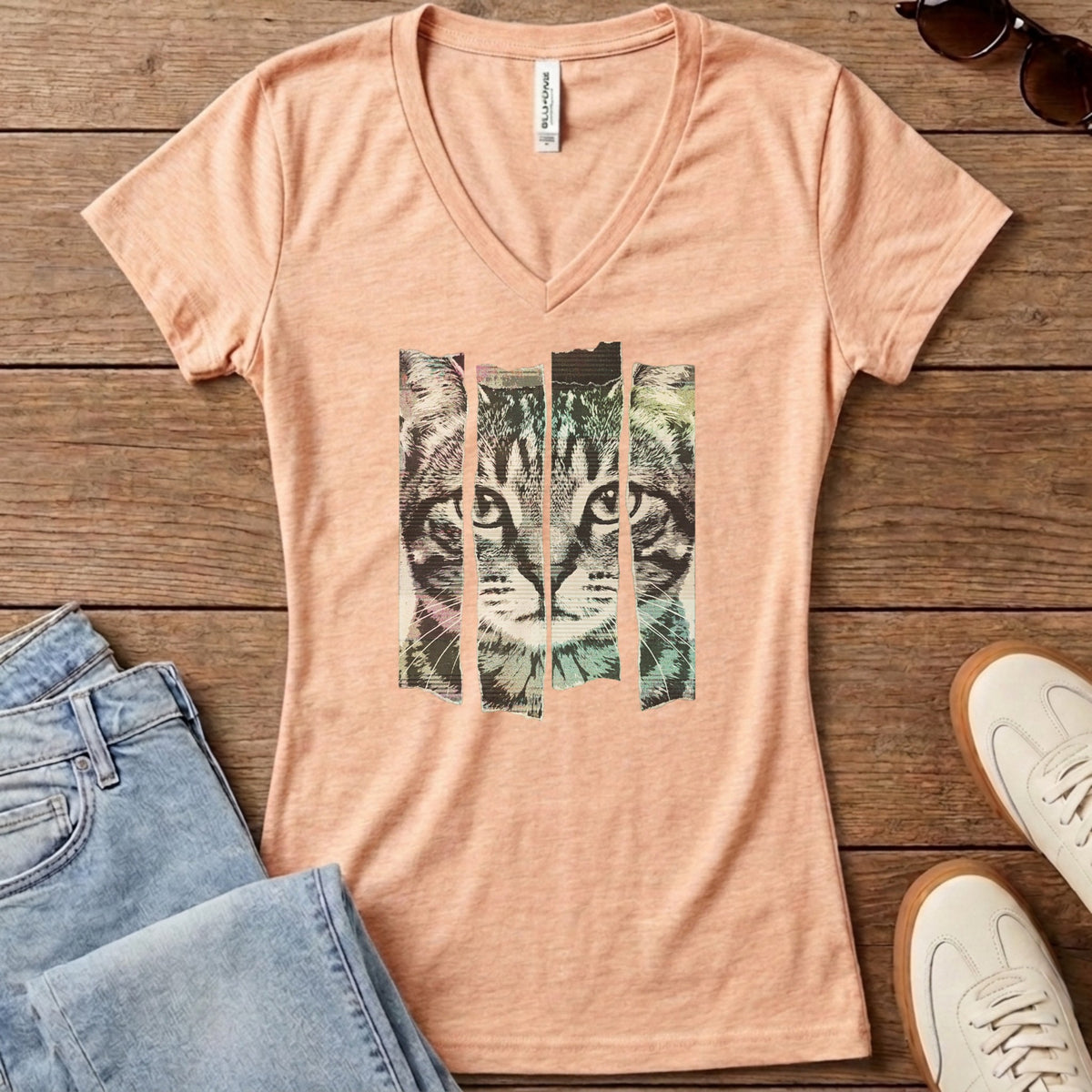 Torn Strip Tabby Women's V-Neck - Heather Peach