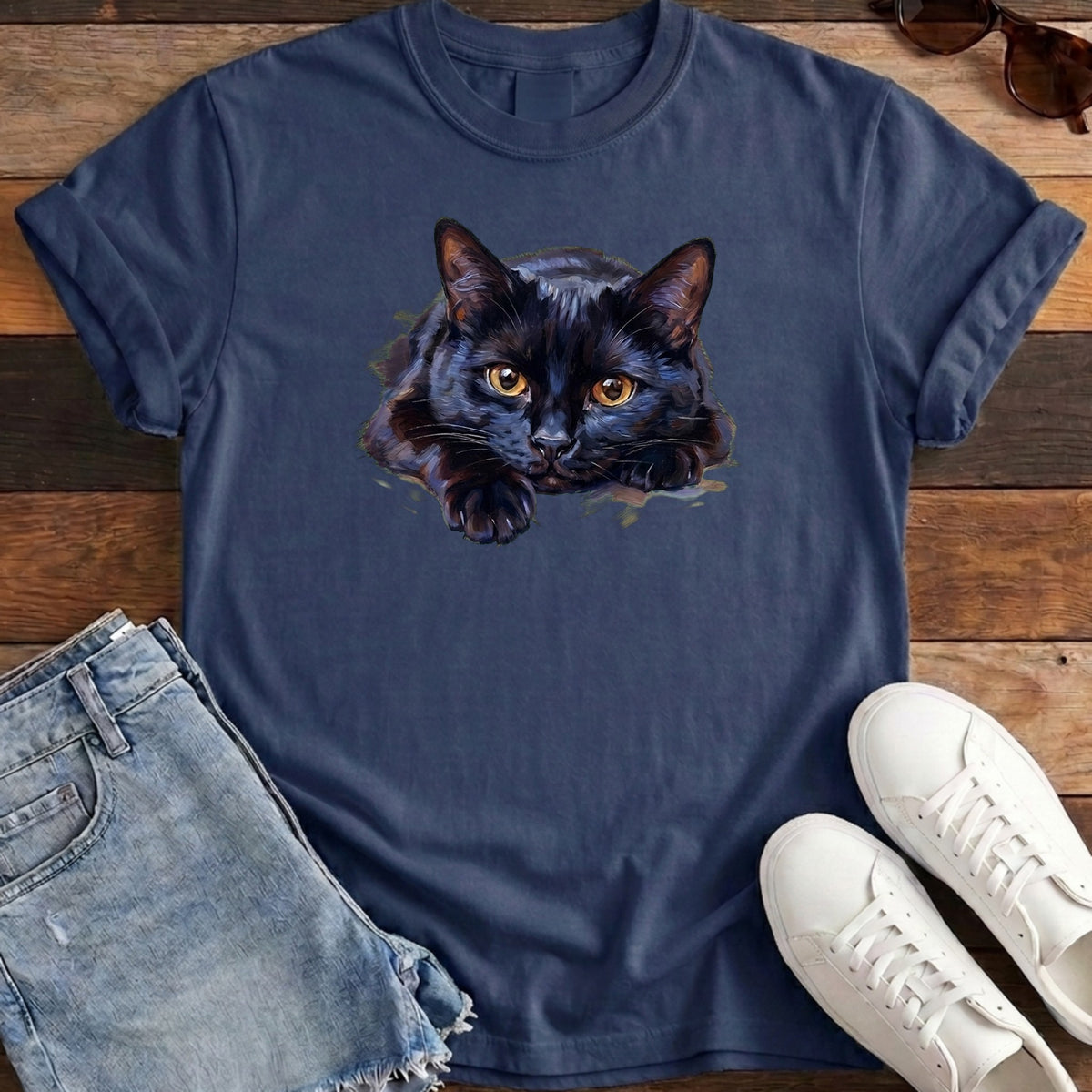 Black Cat Oil Portrait Tee - Navy