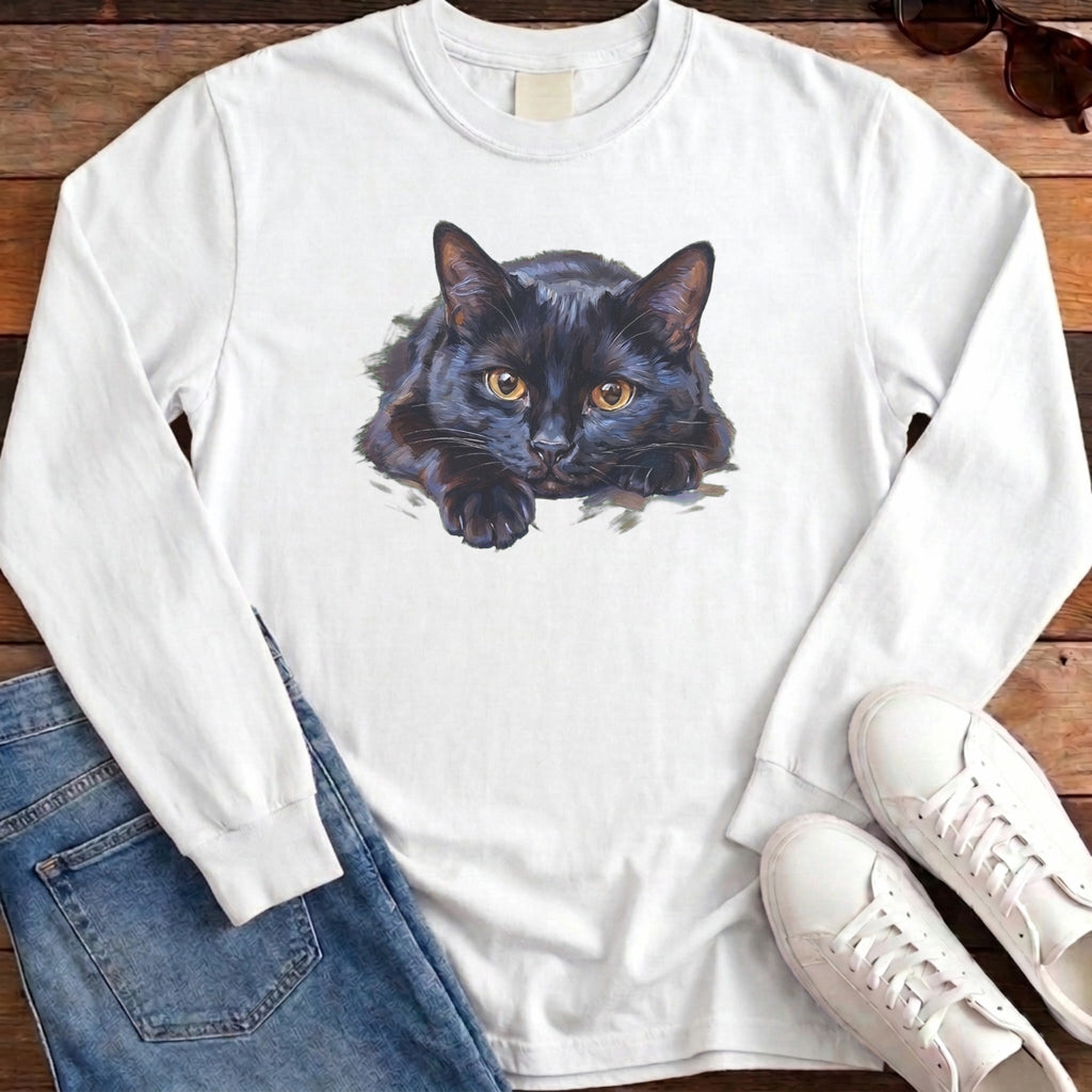 Black Cat Oil Portrait Long Sleeve - White