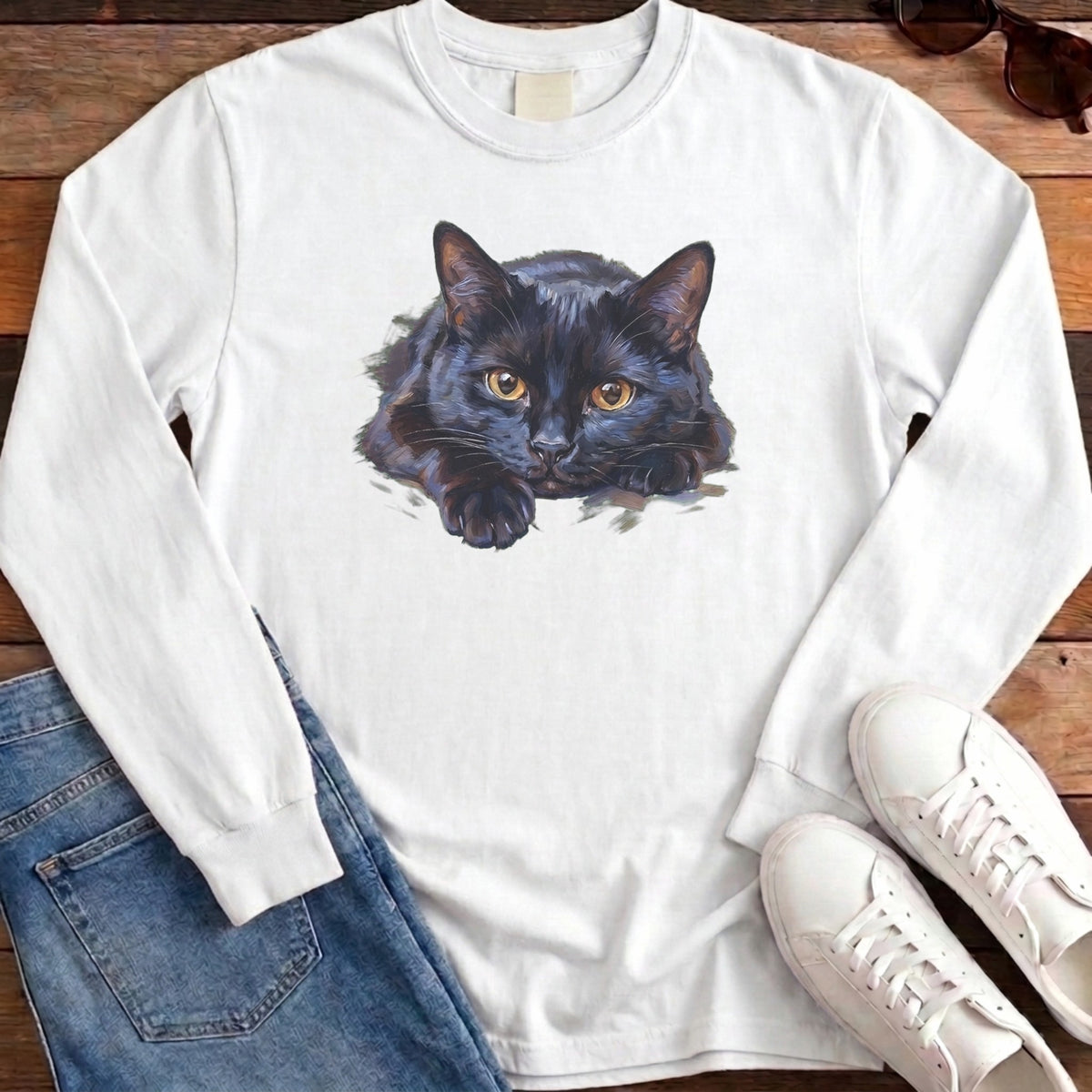 Black Cat Oil Portrait Long Sleeve - White