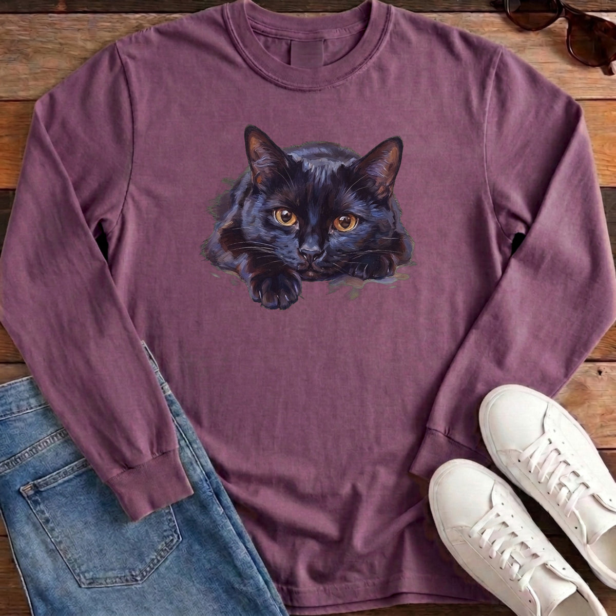 Black Cat Oil Portrait Long Sleeve - Berry
