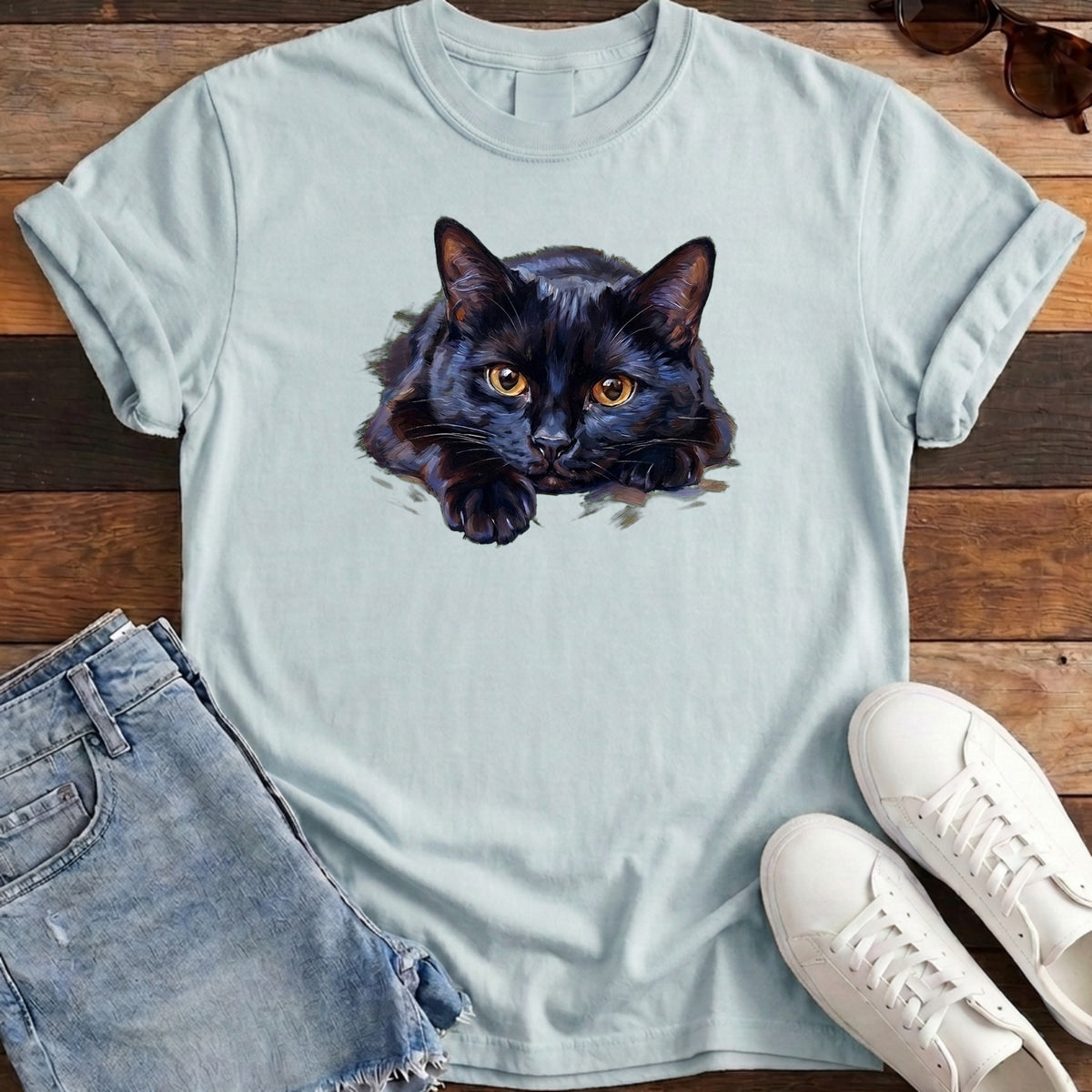 Black Cat Oil Portrait Tee - Chambray