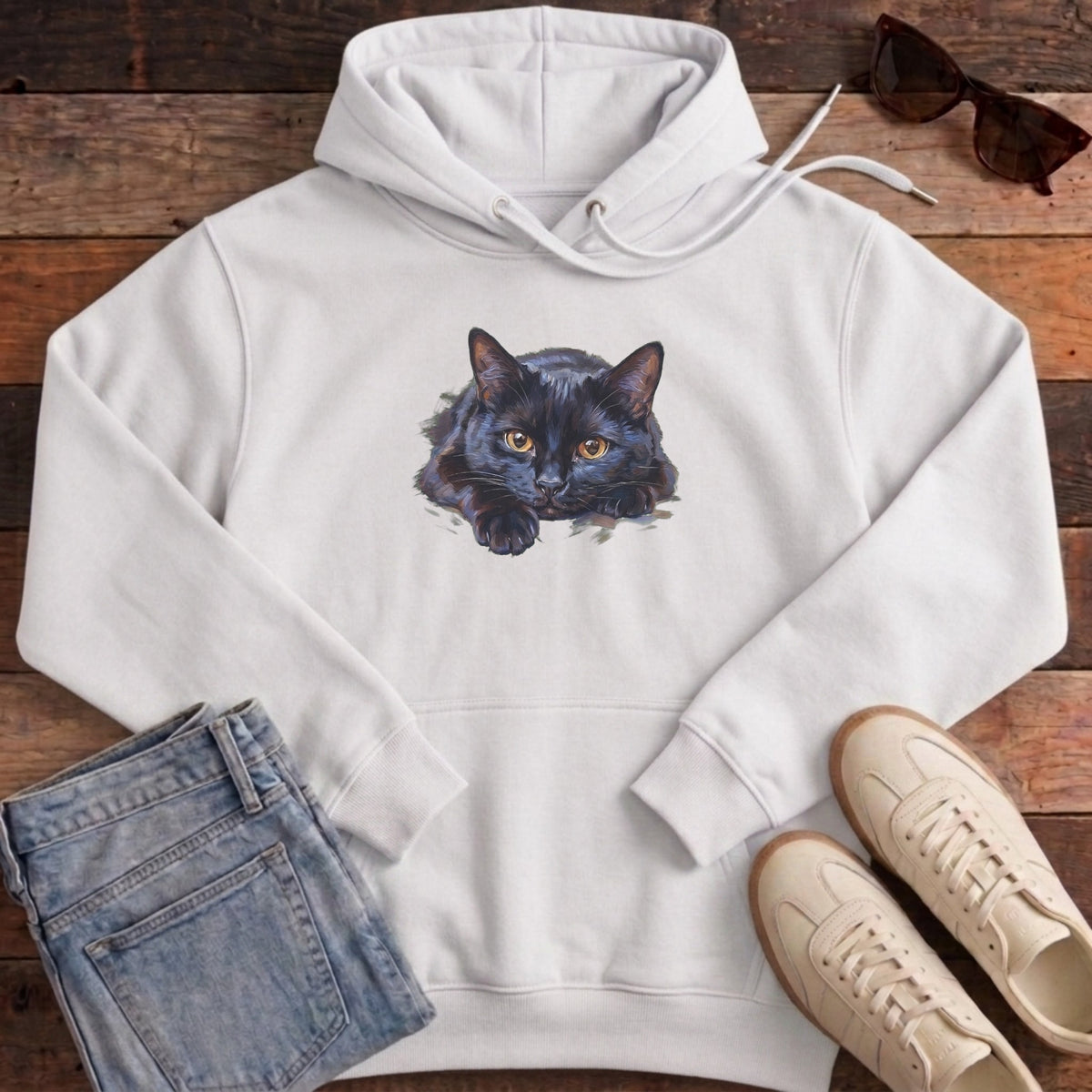 Black Cat Oil Portrait Hoodie - White