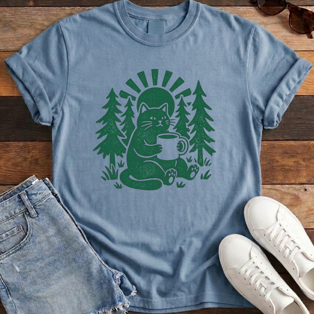 Cat N Coffee Tee - Washed Denim