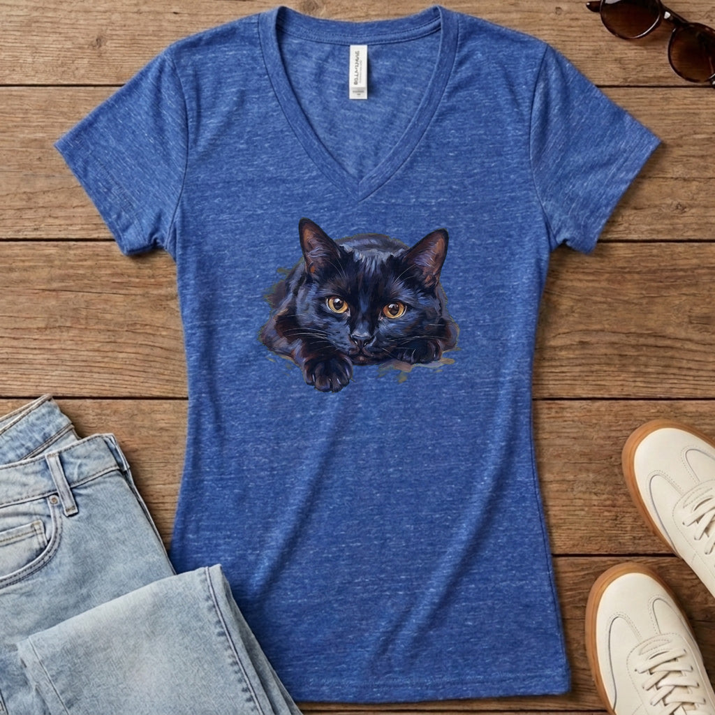 Black Cat Oil Portrait Women's V-Neck - Heather True Royal