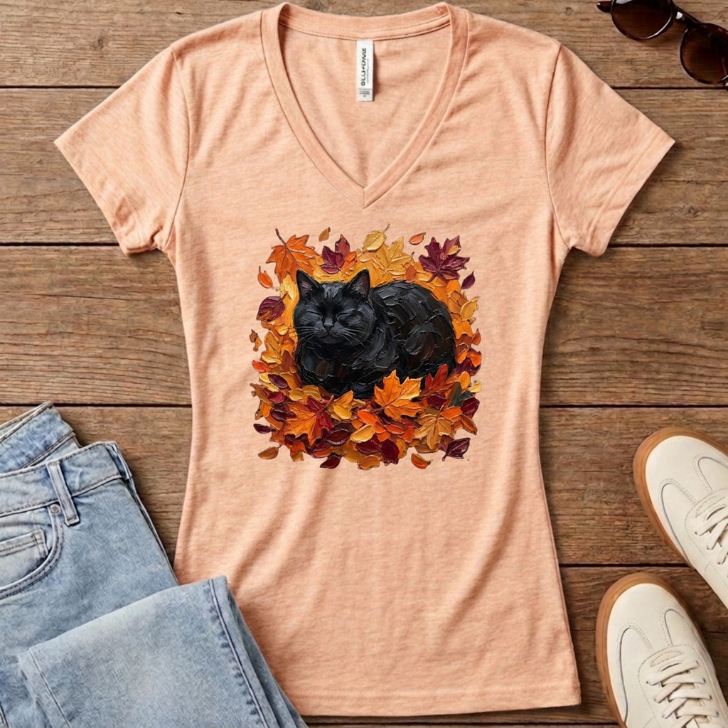 Autumn Loaf Black Cat Women's V-Neck - Heather Peach