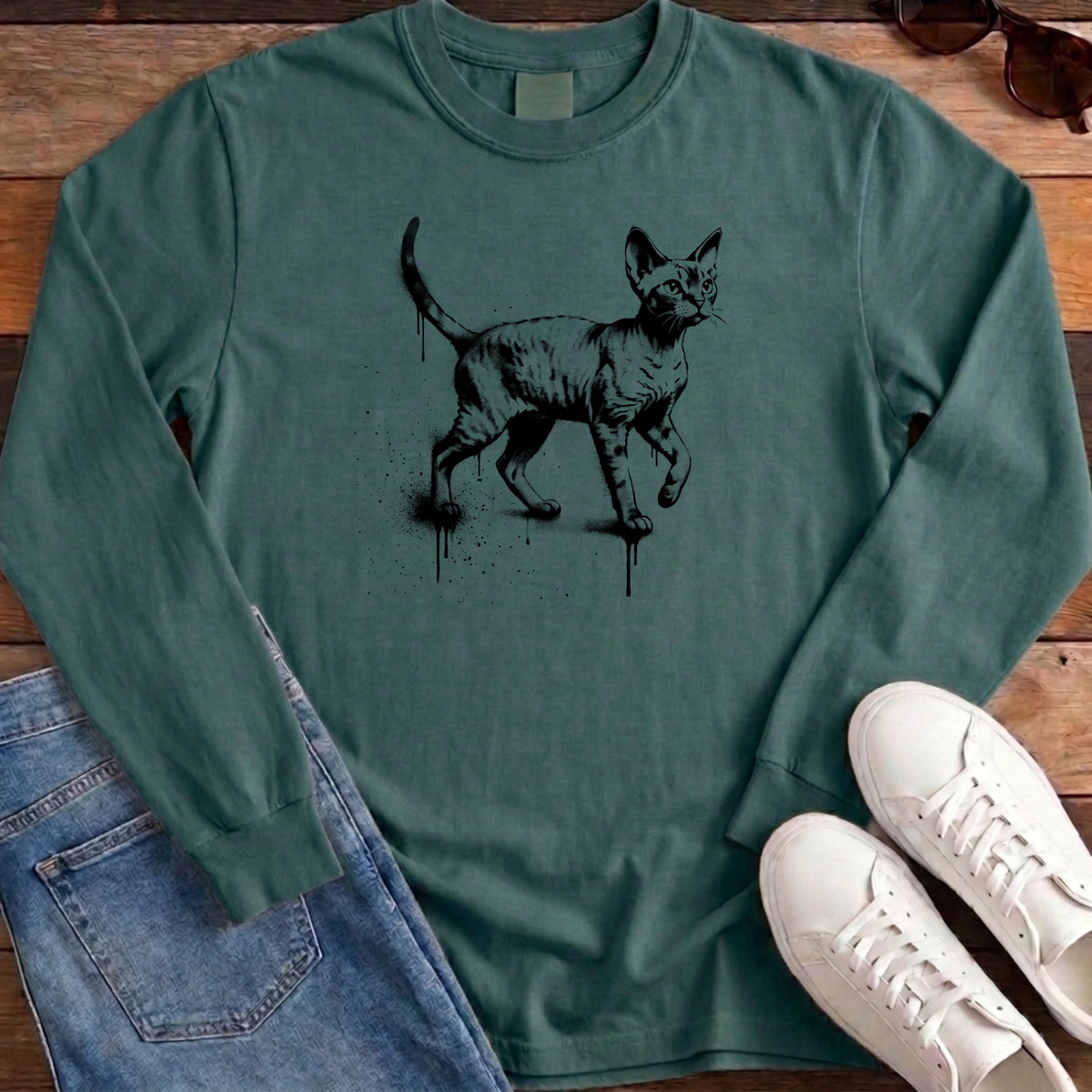 Street Stencil Devon Rex Long Sleeve - Blue Spruce