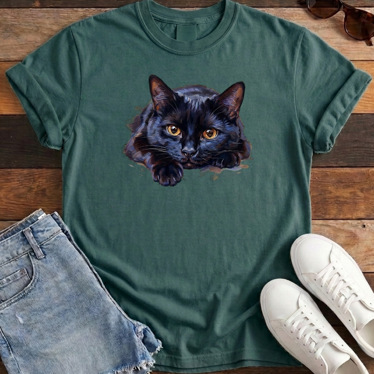 Black Cat Oil Portrait Tee - Blue Spruce
