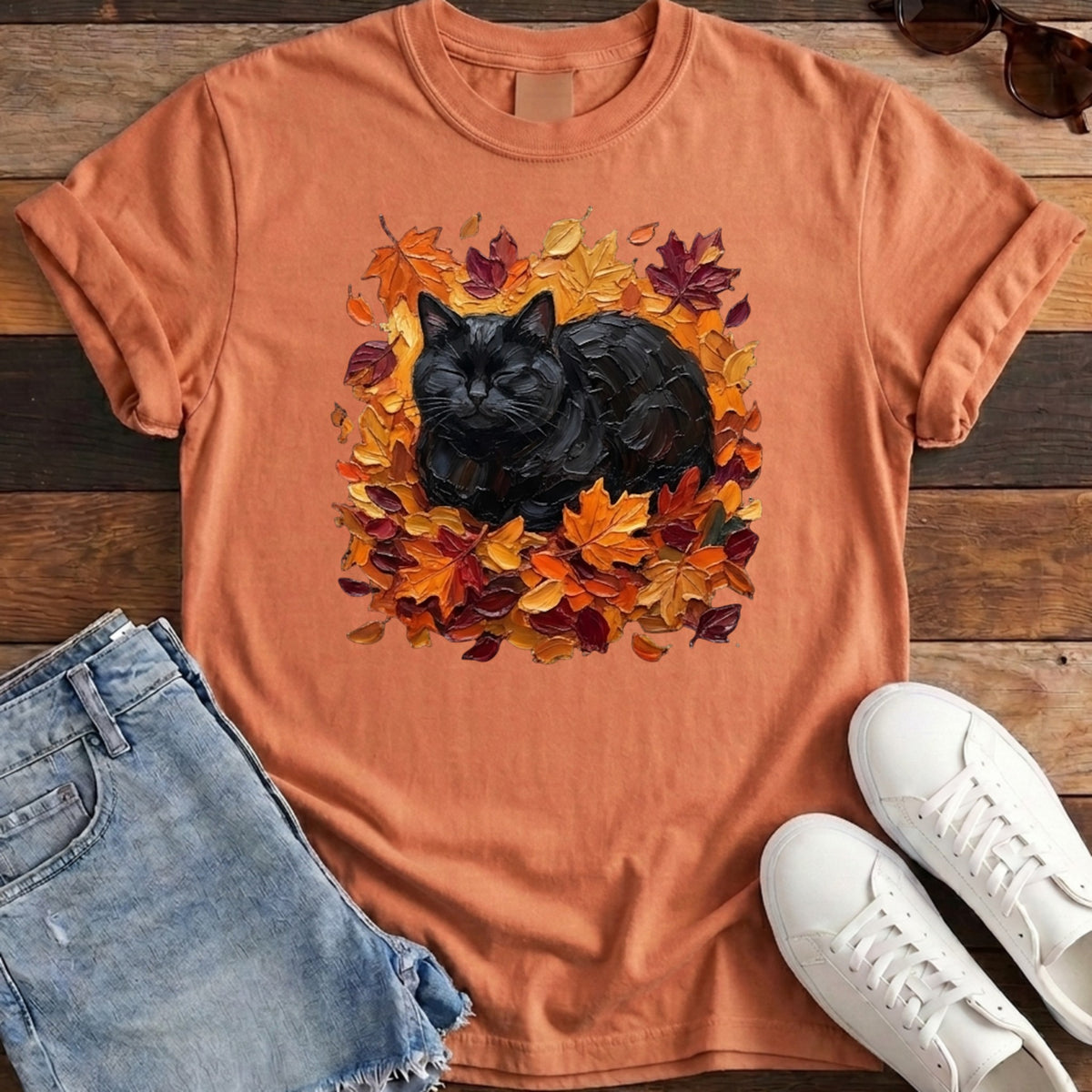 Autumn Loaf Black Cat Tee - Burnt Orange