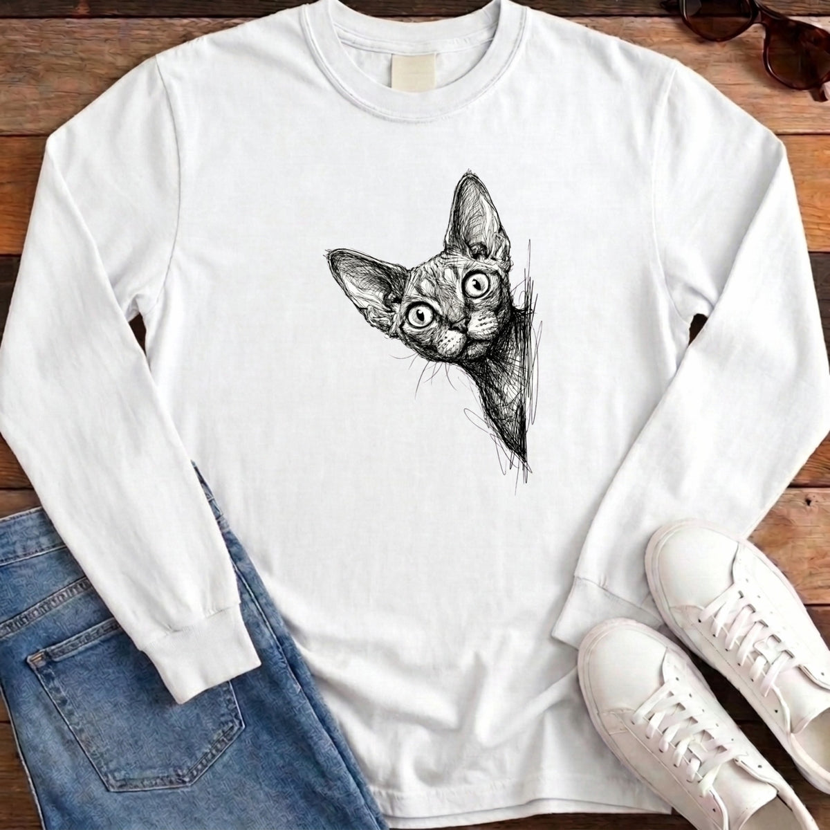 Devon Rex Peek Long Sleeve - White