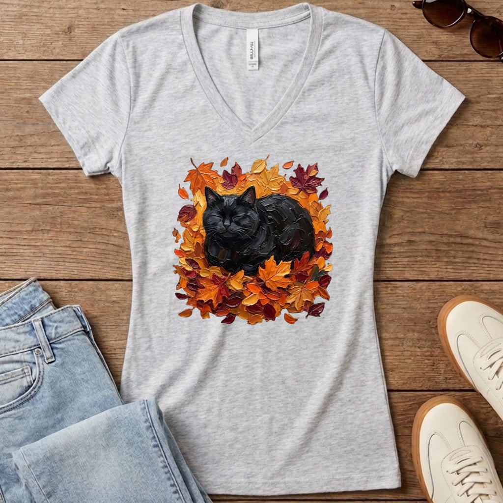 Autumn Loaf Black Cat Women's V-Neck - Athletic Heather