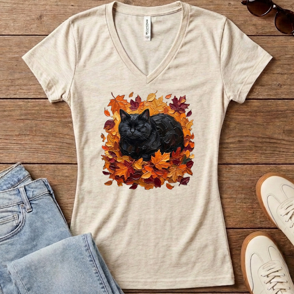 Autumn Loaf Black Cat Women's V-Neck - Heather Dust