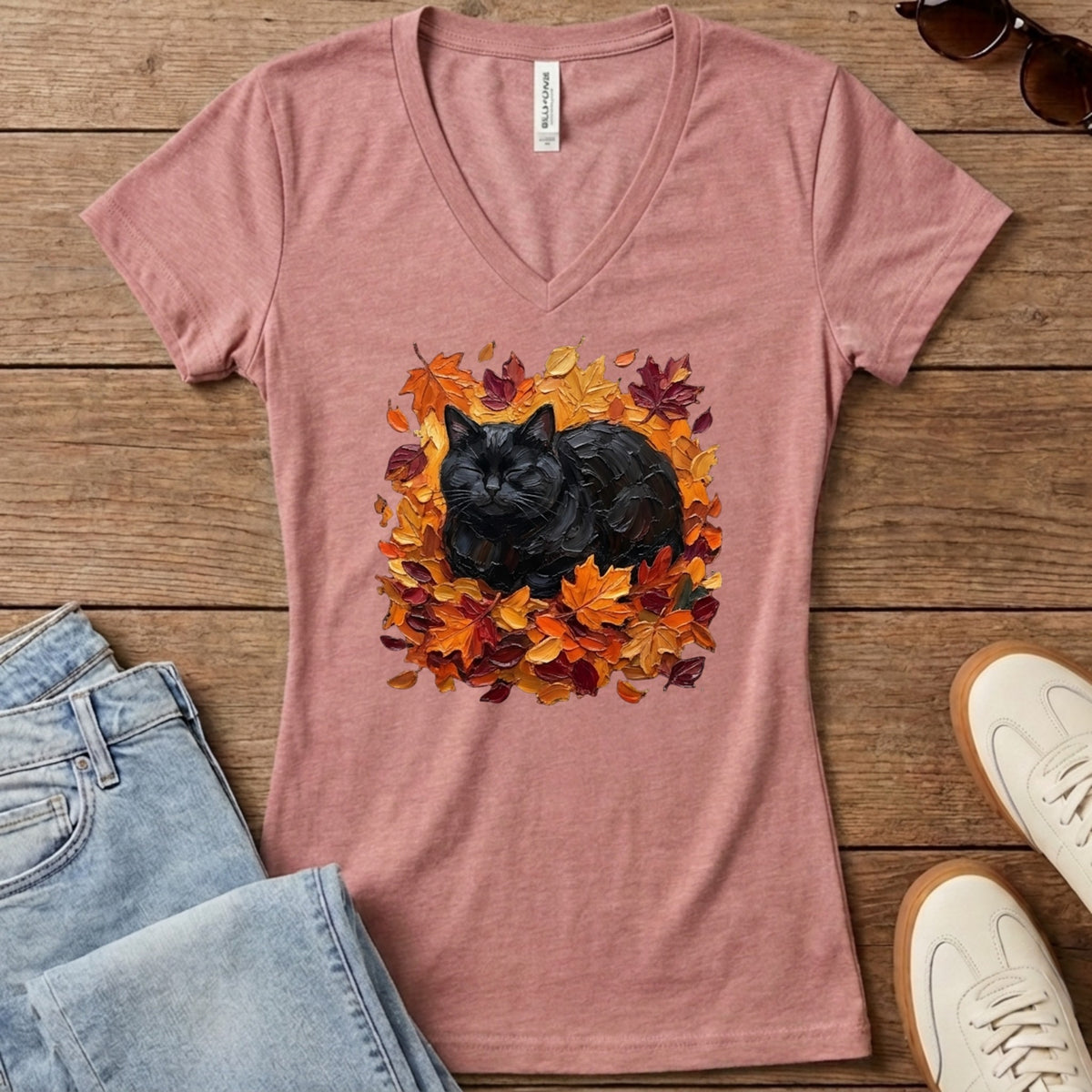 Autumn Loaf Black Cat Women's V-Neck - Heather Mauve