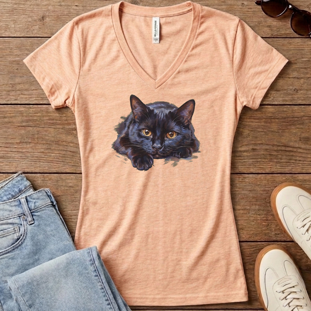Black Cat Oil Portrait Women's V-Neck - Heather Peach