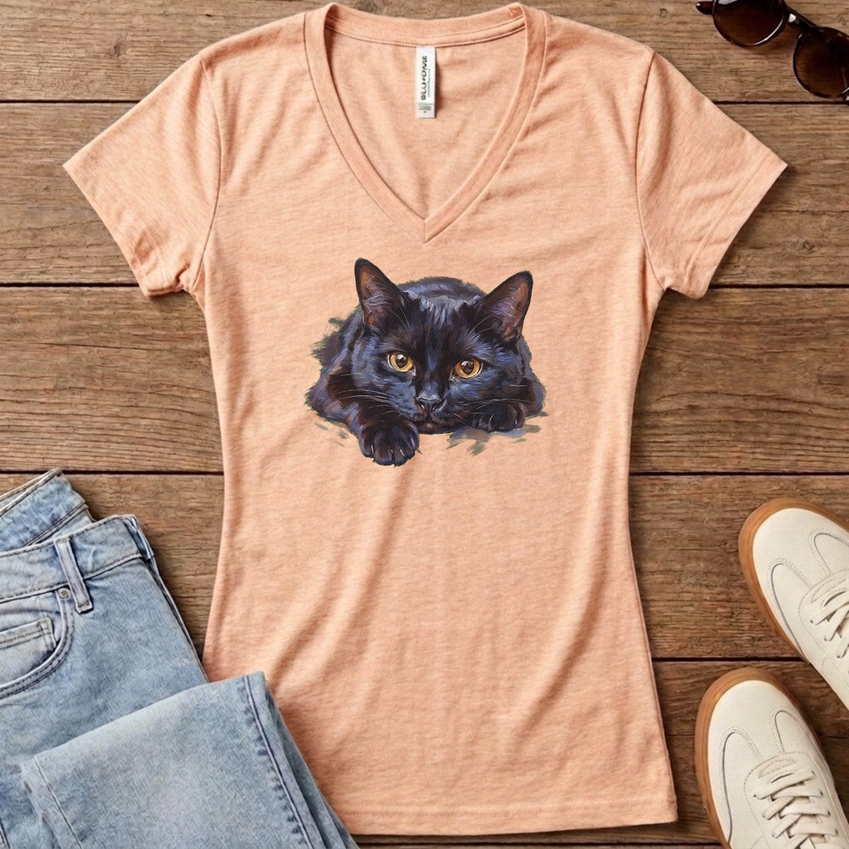 Black Cat Oil Portrait Women's V-Neck - Heather Peach