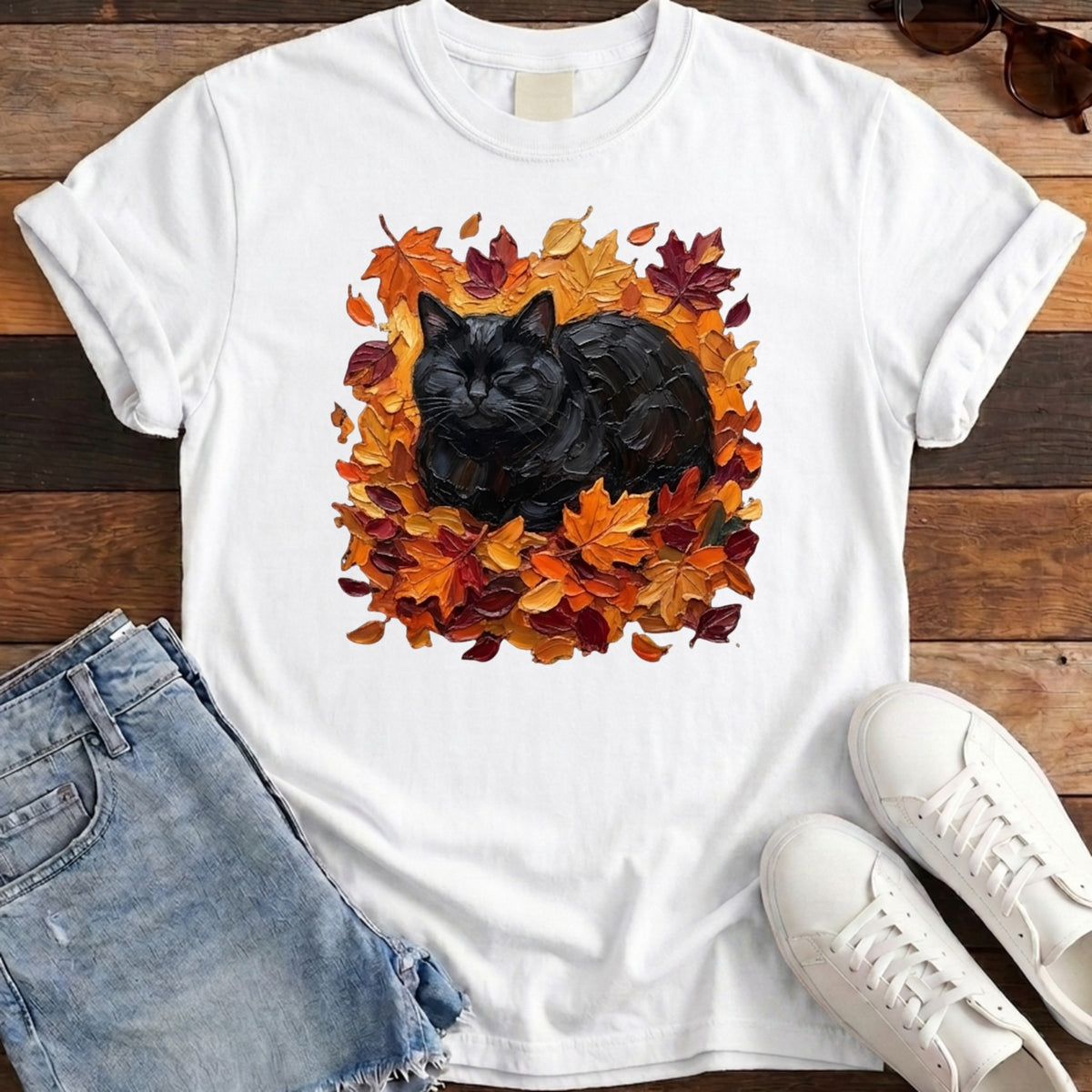 Autumn Loaf Black Cat Tee - White