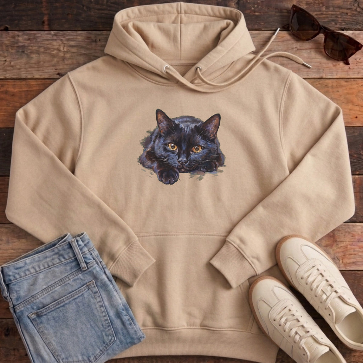 Black Cat Oil Portrait Hoodie - Desert Dust