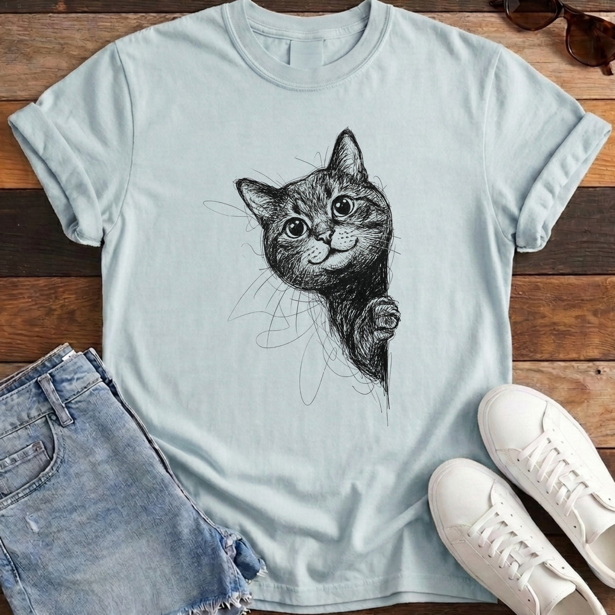 Side Cat Scribble Tee - Chambray