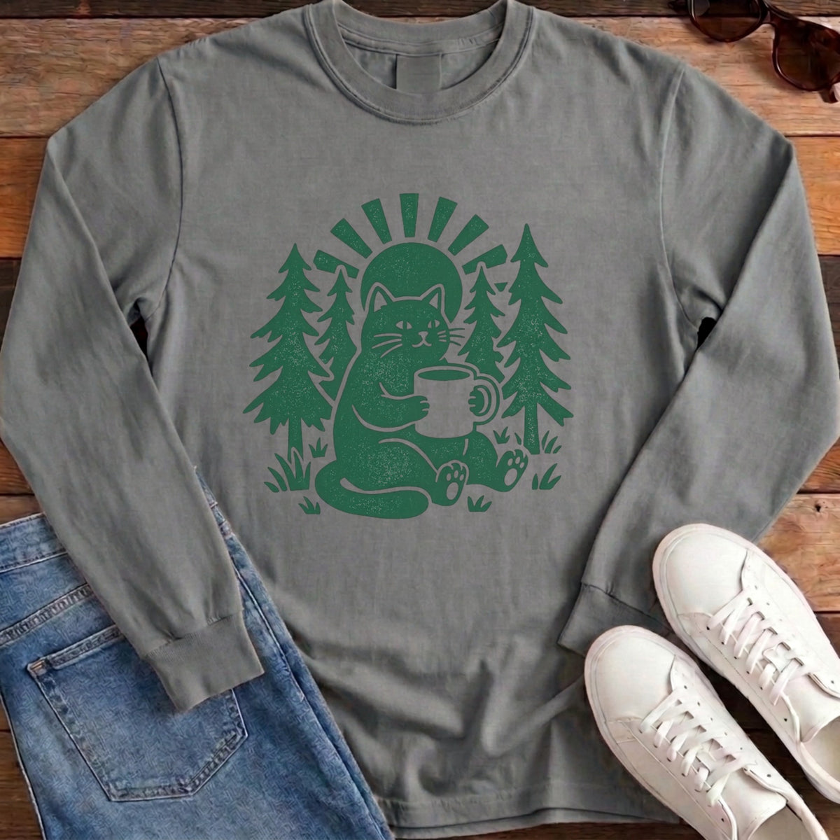 Cat N Coffee Long Sleeve - Grey