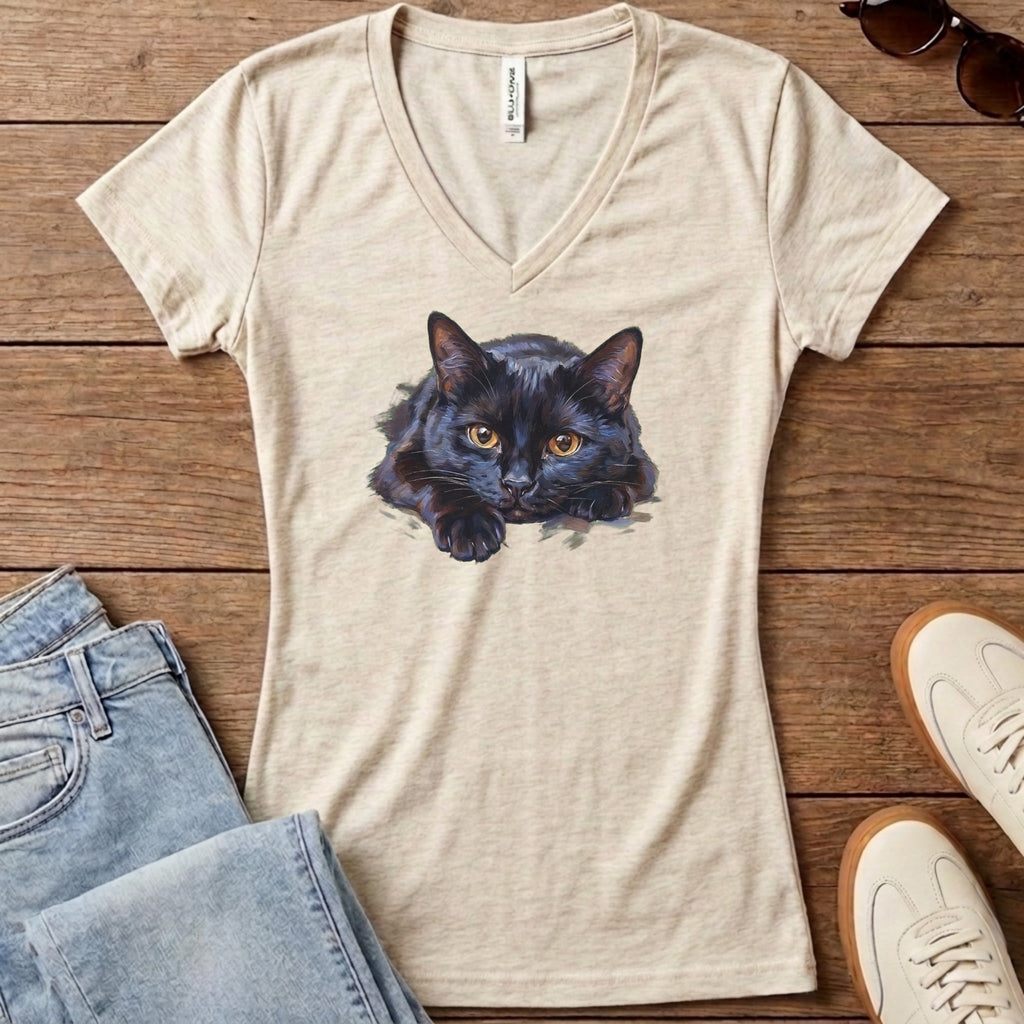 Black Cat Oil Portrait Women's V-Neck - Heather Dust