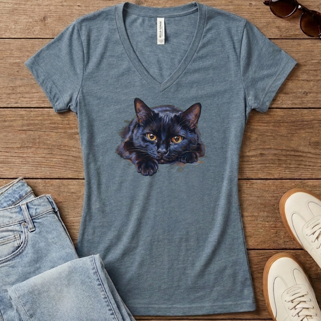 Black Cat Oil Portrait Women's V-Neck - Heather Slate