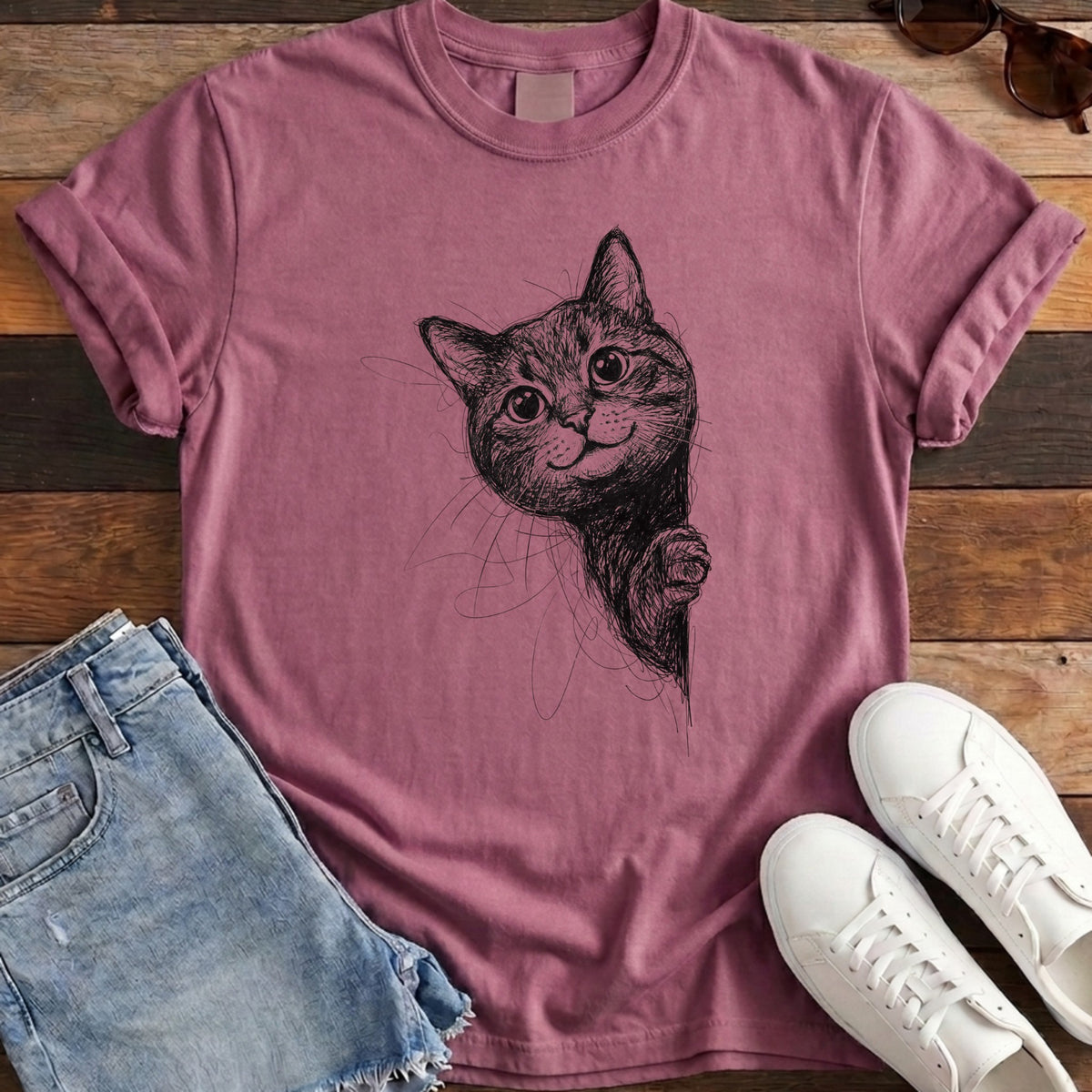 Side Cat Scribble Tee - Berry