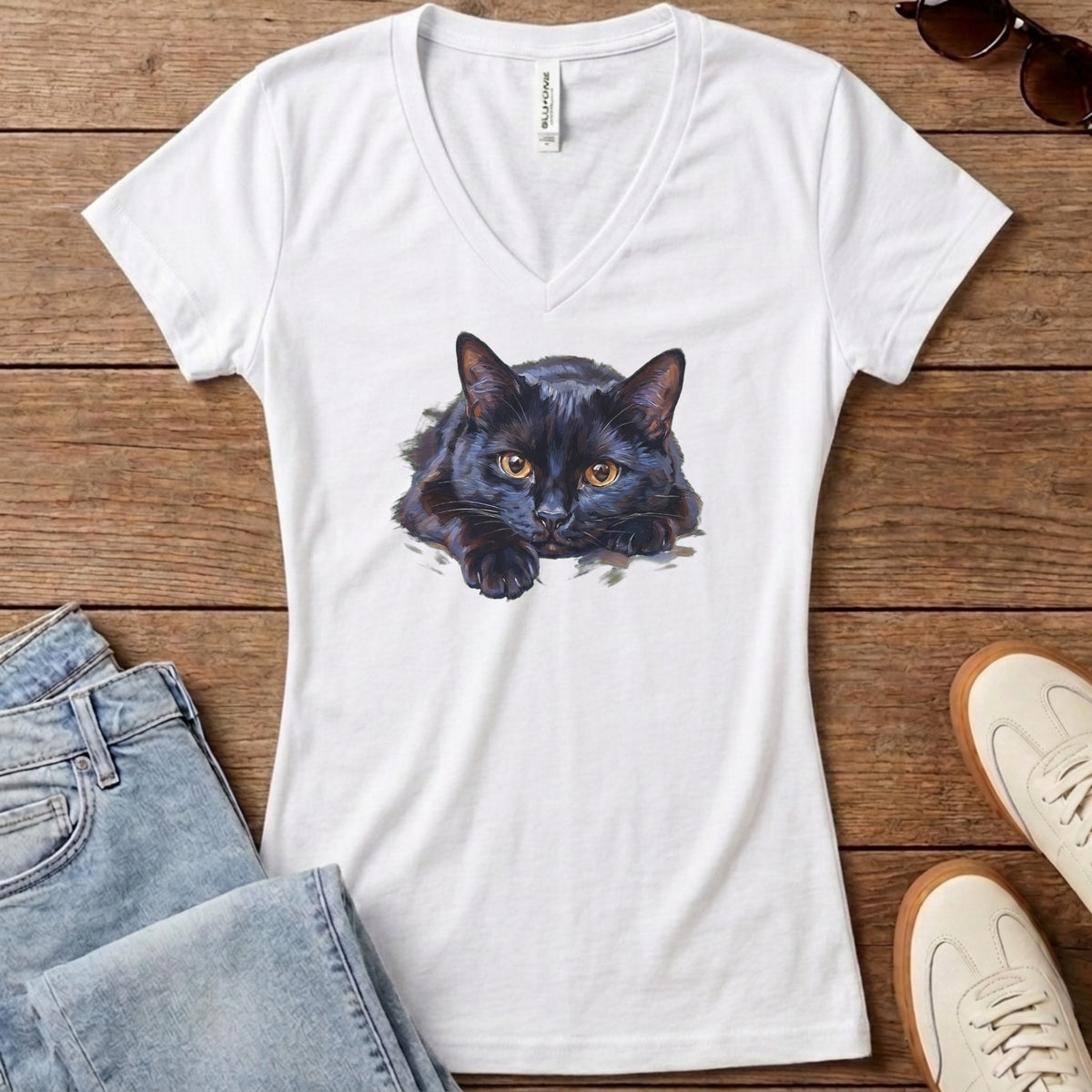 Black Cat Oil Portrait Women's V-Neck - Solid White Blend
