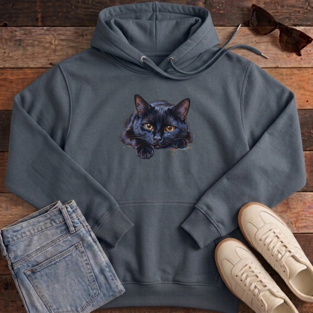 Black Cat Oil Portrait Hoodie - India Ink Grey