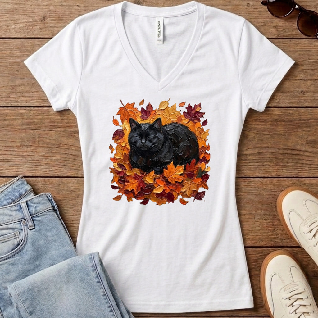 Autumn Loaf Black Cat Women's V-Neck - Solid White Blend