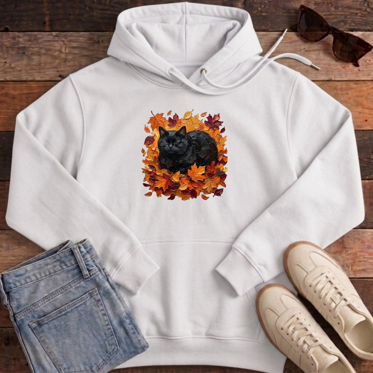 Autumn Loaf Black Cat Hoodie - White