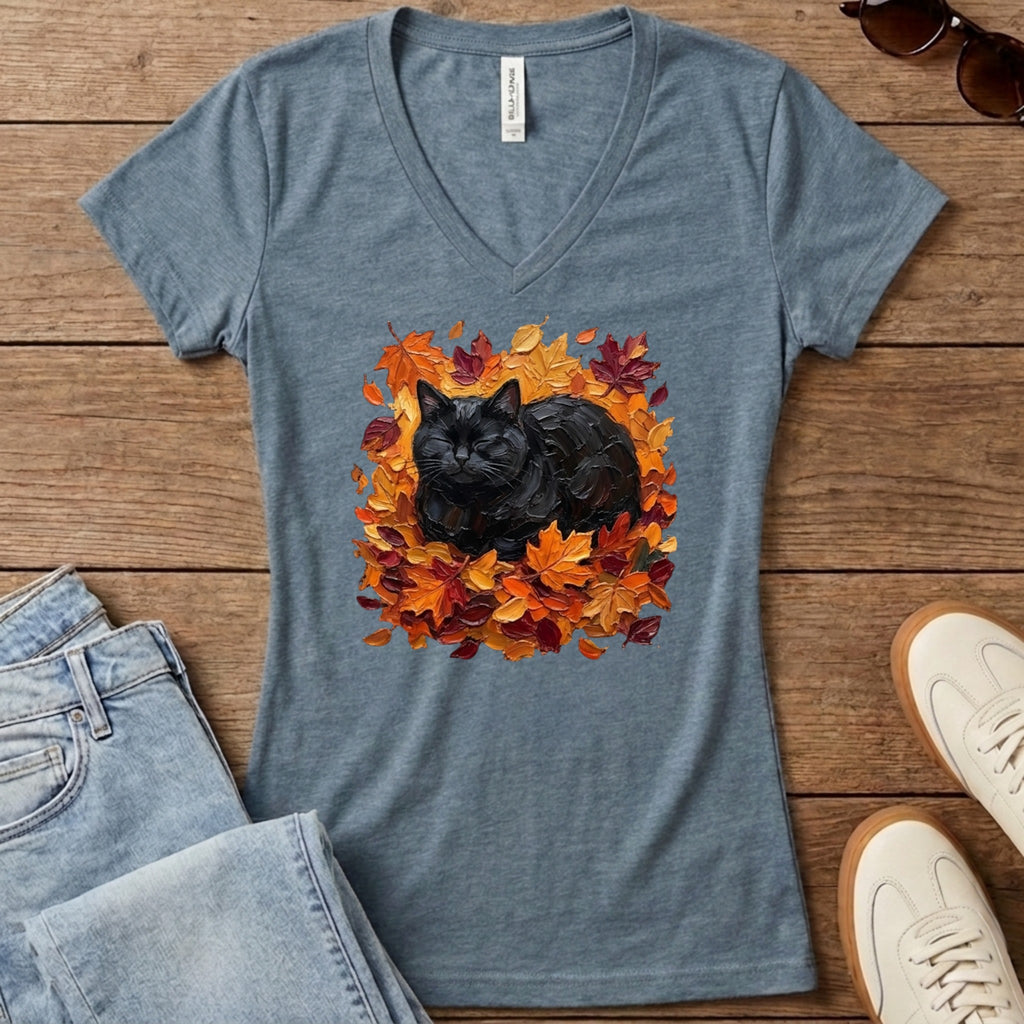 Autumn Loaf Black Cat Women's V-Neck - Heather Slate