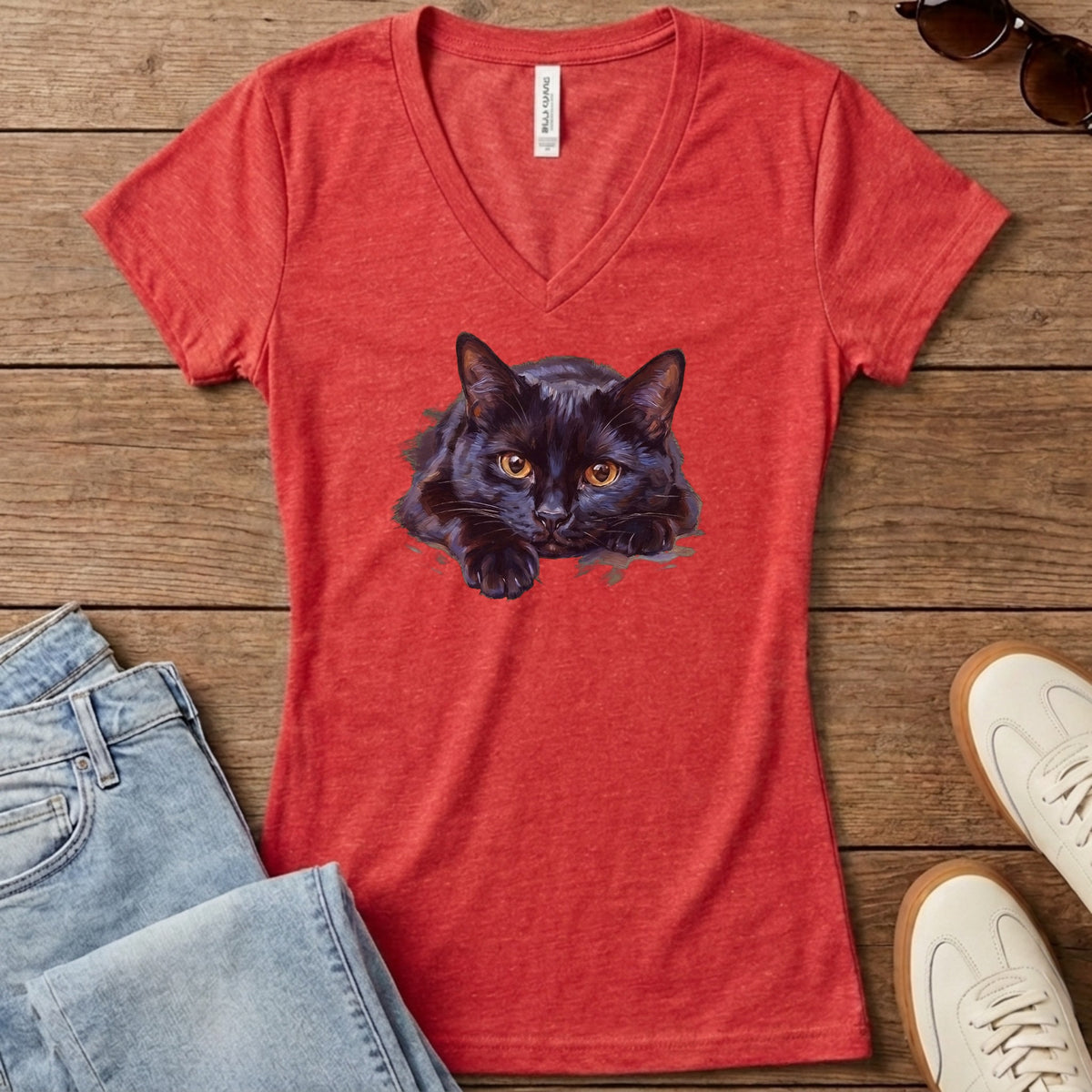 Black Cat Oil Portrait Women's V-Neck - Heather Red