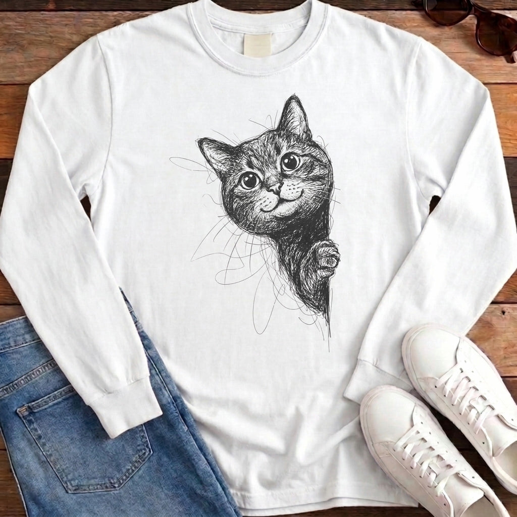 Side Cat Scribble Long Sleeve - White
