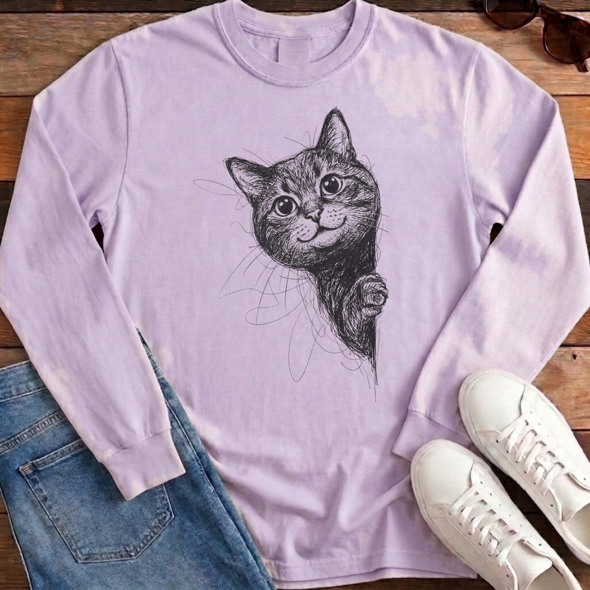 Side Cat Scribble Long Sleeve - Orchid