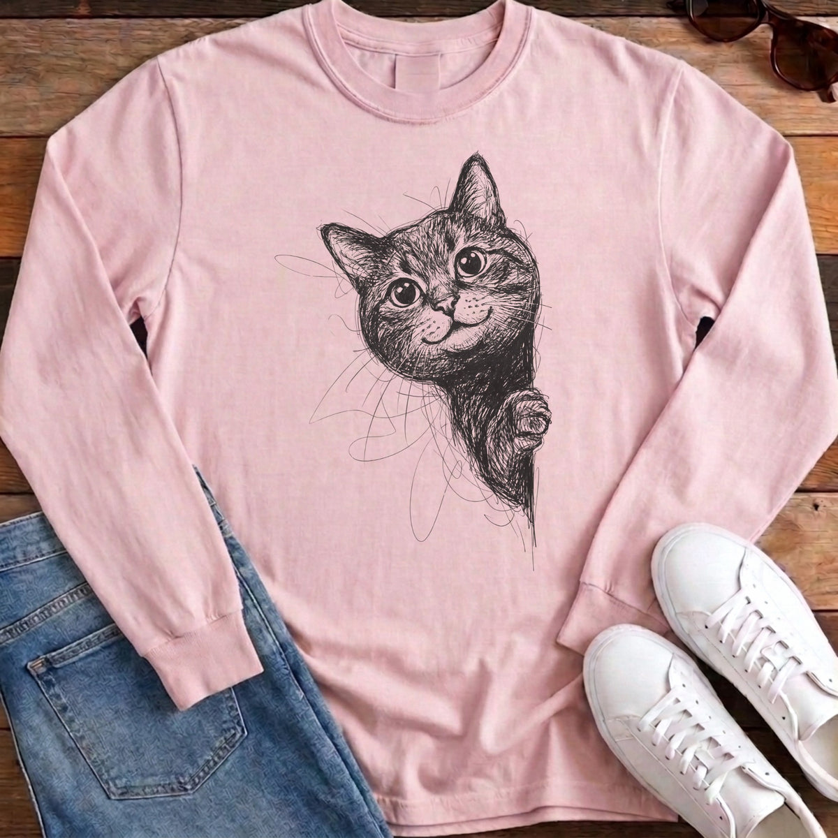 Side Cat Scribble Long Sleeve - Blossom