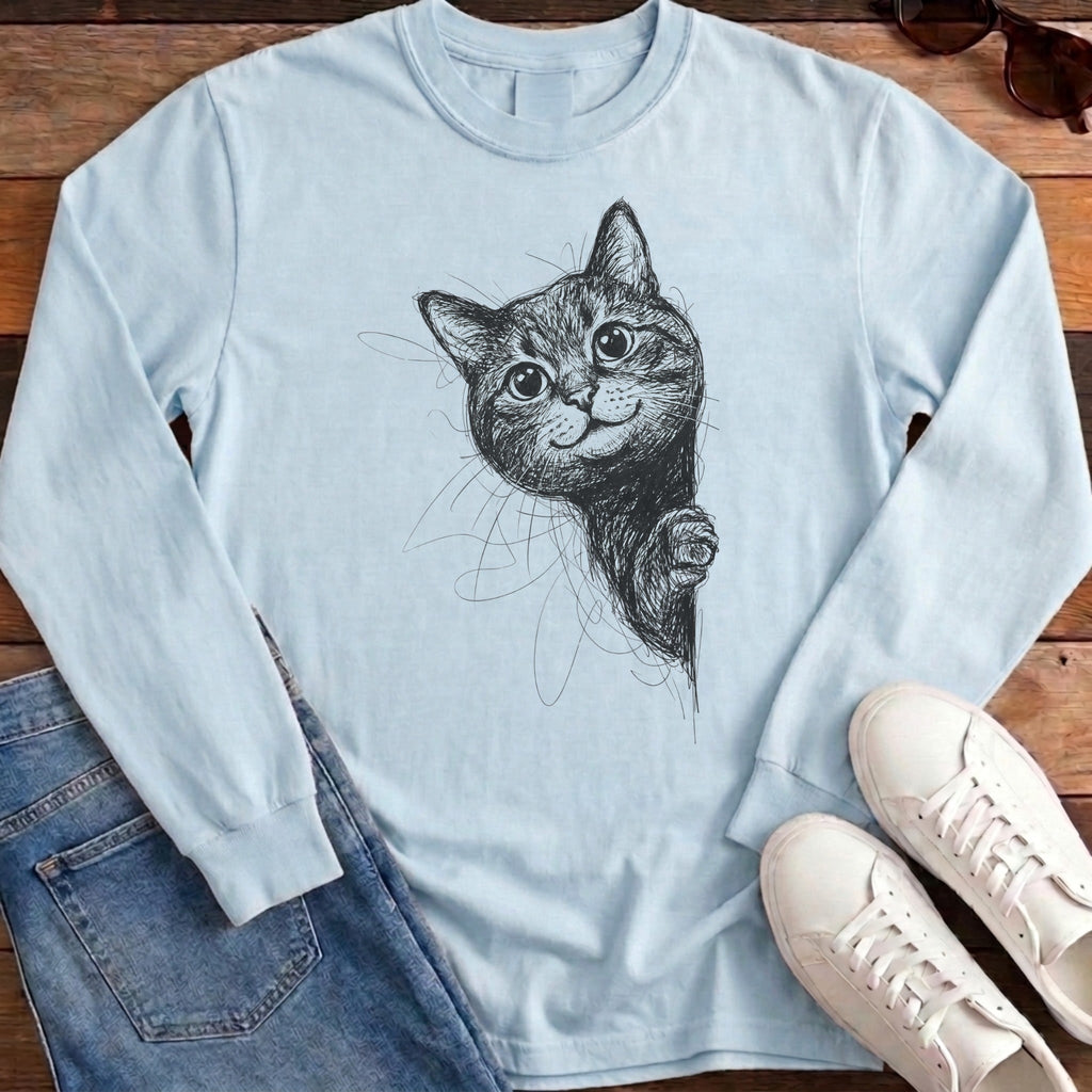 Side Cat Scribble Long Sleeve - Chambray