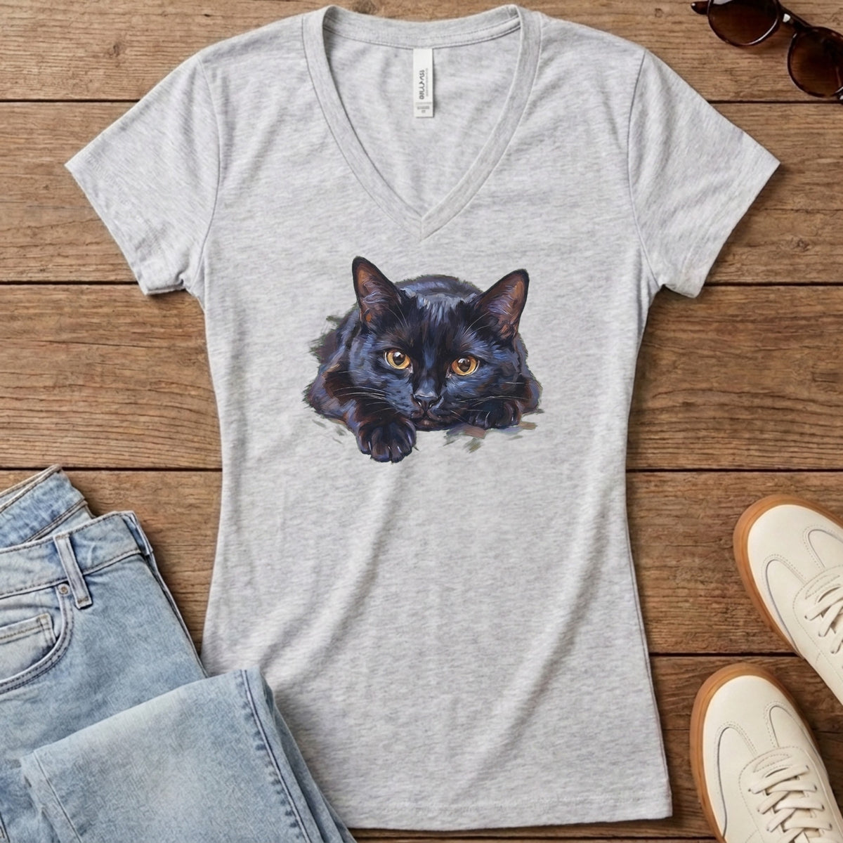 Black Cat Oil Portrait Women's V-Neck - Athletic Heather