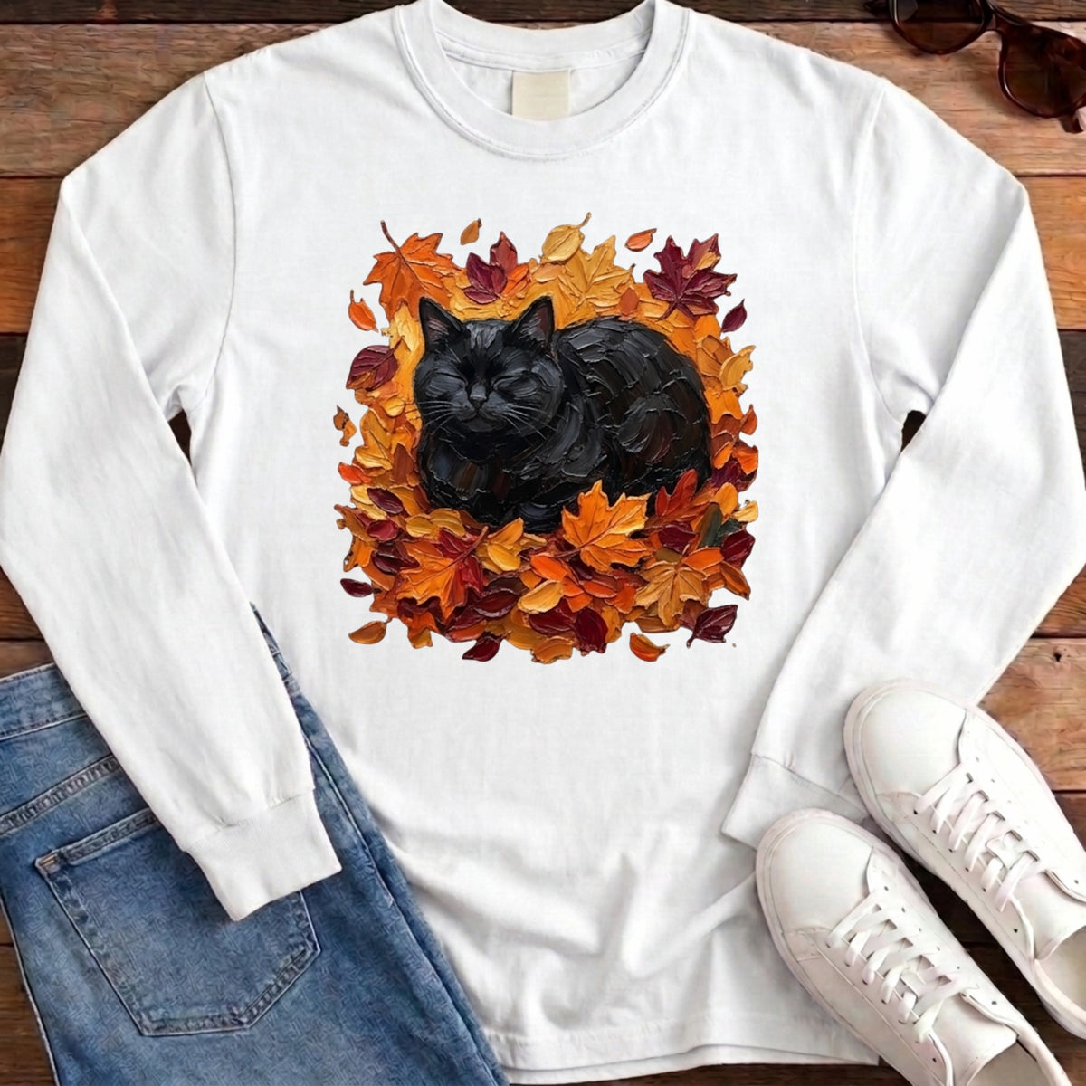 Autumn Loaf Black Cat Long Sleeve - White