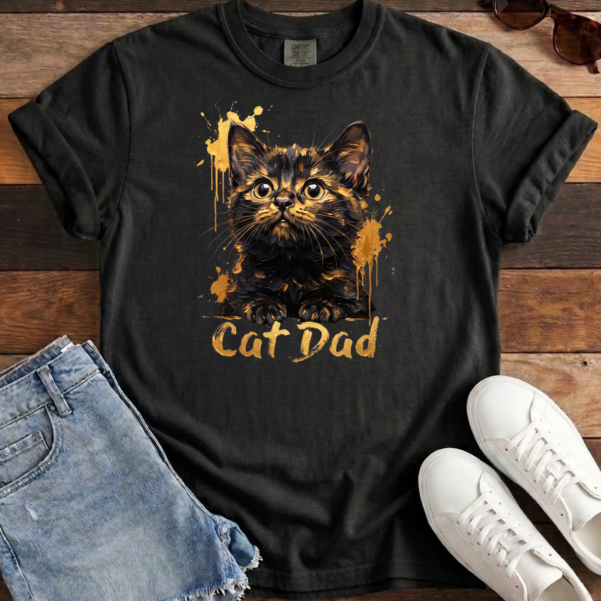 Cat Dad Gold Tee - Black