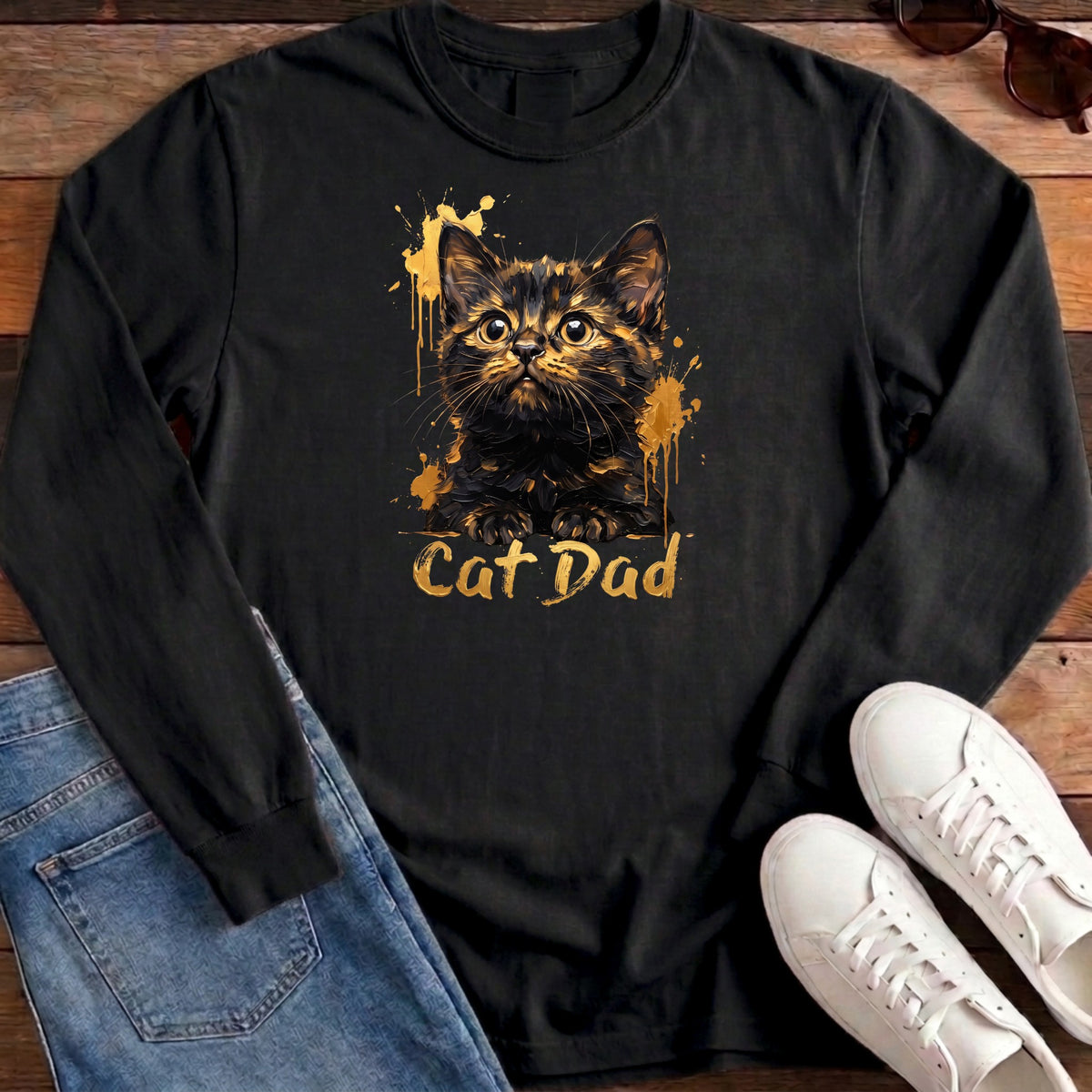 Cat Dad Gold Long Sleeve - Black