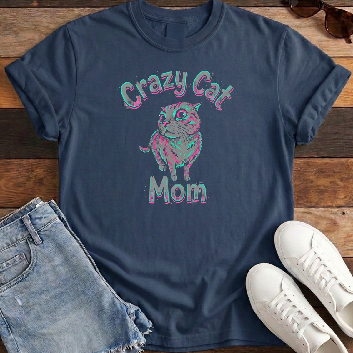 Crazy Cat Mom Tee - True Navy