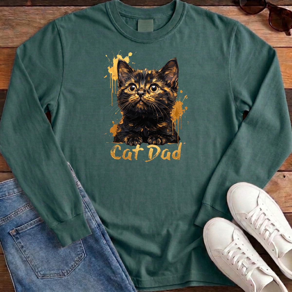 Cat Dad Gold Long Sleeve - Blue Spruce