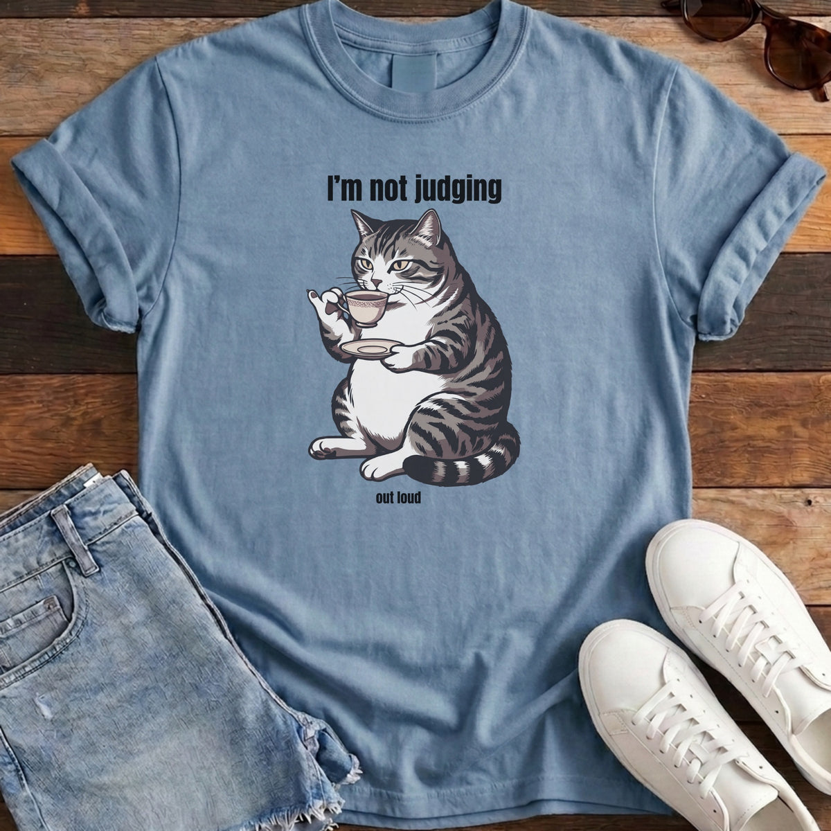 I'm Not Judging Tea Cat Tee - Washed Denim